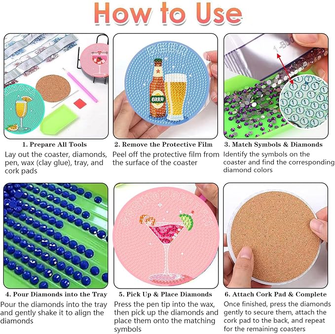 Benjenes 8 PCS Diamond Art Coasters Kits Cocktail Diamond Painting Coaster | - Image 2