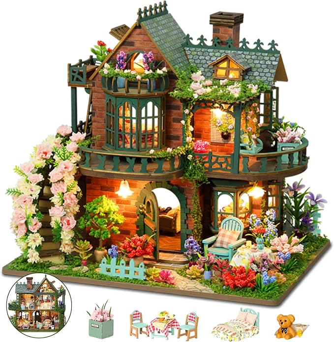 DIY Miniature House Kit with LED Lights, Fairy Garden Wooden Mini House by LogicTwist