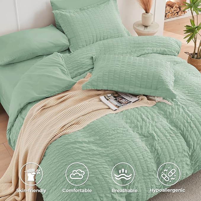 HYMOKEGE Sage Green Duvet Cover King Size, Ultra Soft 3-Piece Seersucker Duvet - Image 2