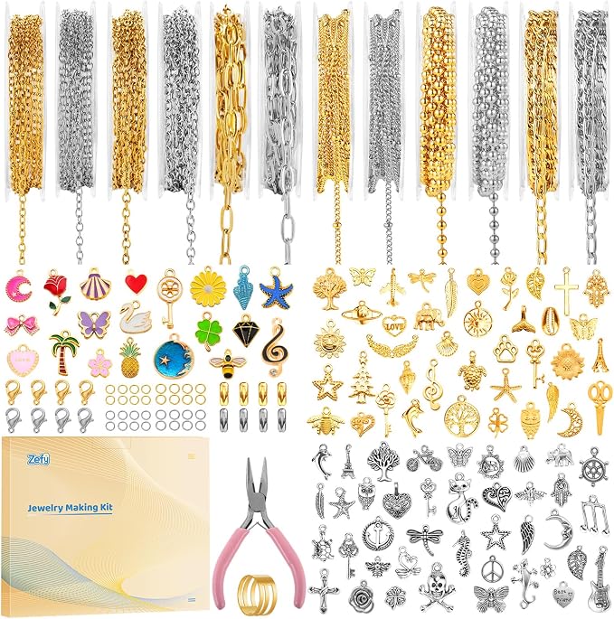 Zefy 18K Gold Silver Chain for Jewelry Making Kit, 39.6ft 12 Rolls Stainless by Zefy