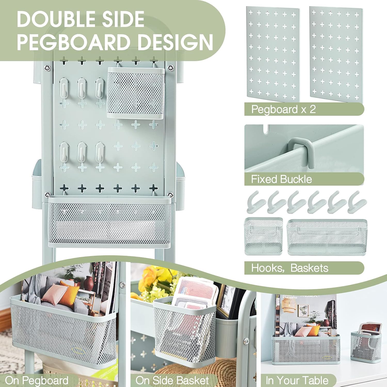 TOOLF 3-Tier Rolling Cart, Metal Utility Storage Cart with DIY Pegboards, Art Craft Trolley with Baskets Hooks, Serving Organizer Easy Assemble for Office, Home, Kitchen, Classroom (Green)