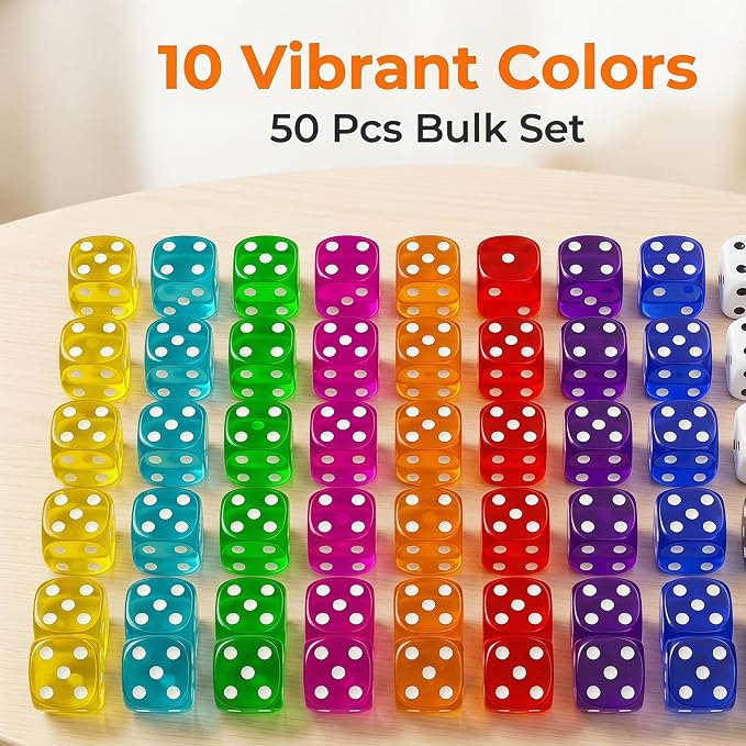 50 Pack Colorful Dice Set 6 Sided Acrylic Dice Standard Dice Translucent - Image 7