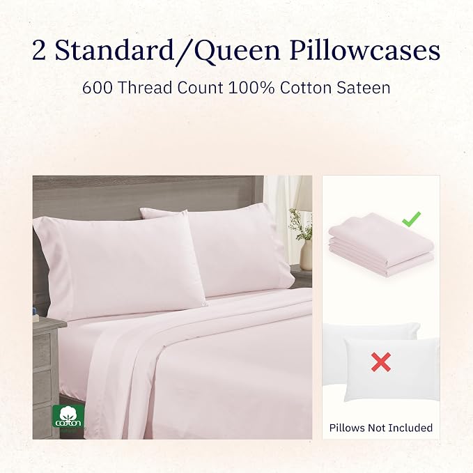 Luxuriously Soft Premium 600 Thread Count, 100% Cotton Set of 2 Cases, Crisp - Image 4