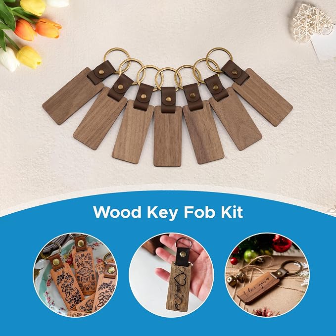 OMTech Wooden Keychain Blanks, Wood Key Chain Bulk, Unfinished Wooden Key Rings - Image 3