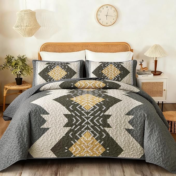 Dintszyayue Grey Boho Quilt Set Queen, Aztec Western Quilt Bedspread Set by Dintszyayue