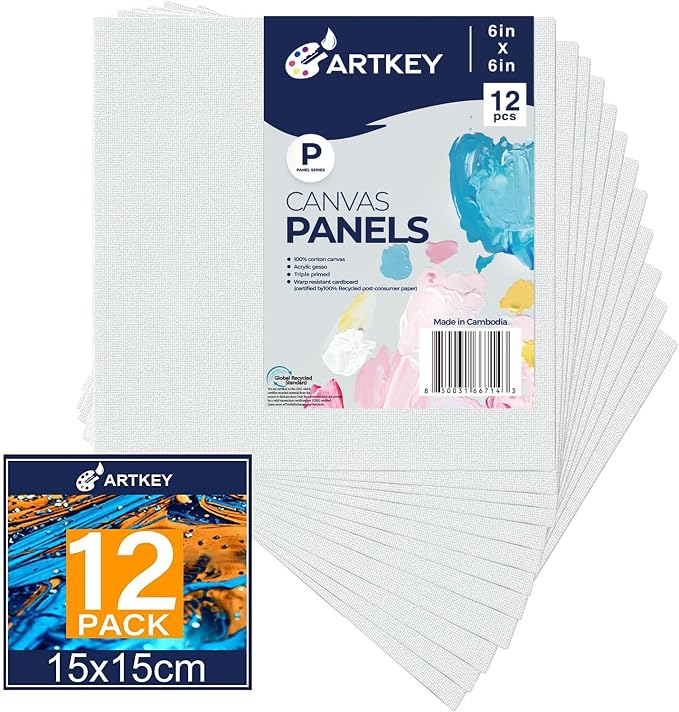Artkey Canvas Panels 6x6 Inch 12-Pack, 10 oz Primed 100% Cotton White Blank by Artkey