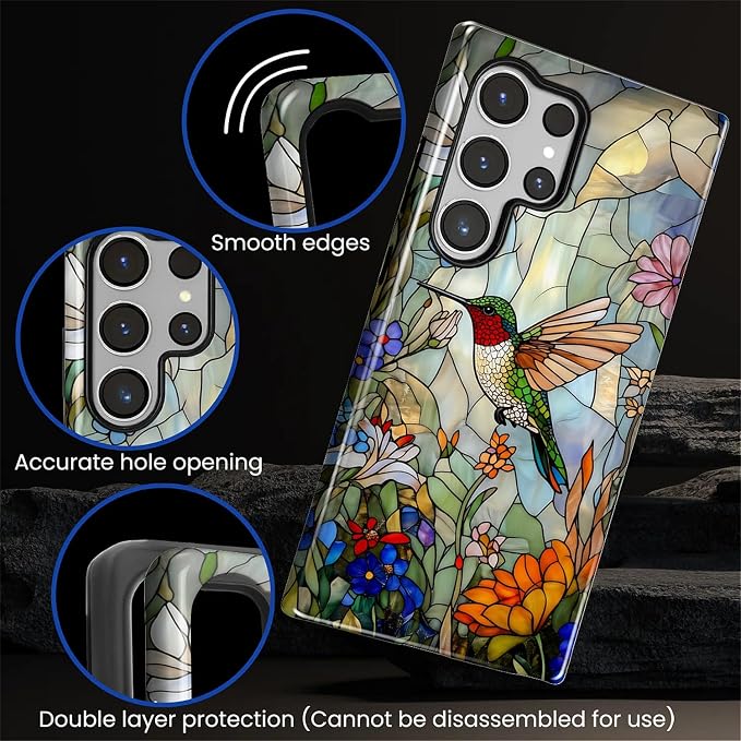 for Samsung Galaxy S23 Ultra Case, Hummingbird Wildflower Stained Glass Pattern - Image 4