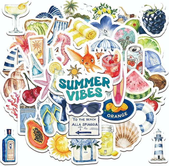 50 Pcs Watercolor Summer Beach Stickers, Tropical Ocean Fruit Sea Creature by Unknown