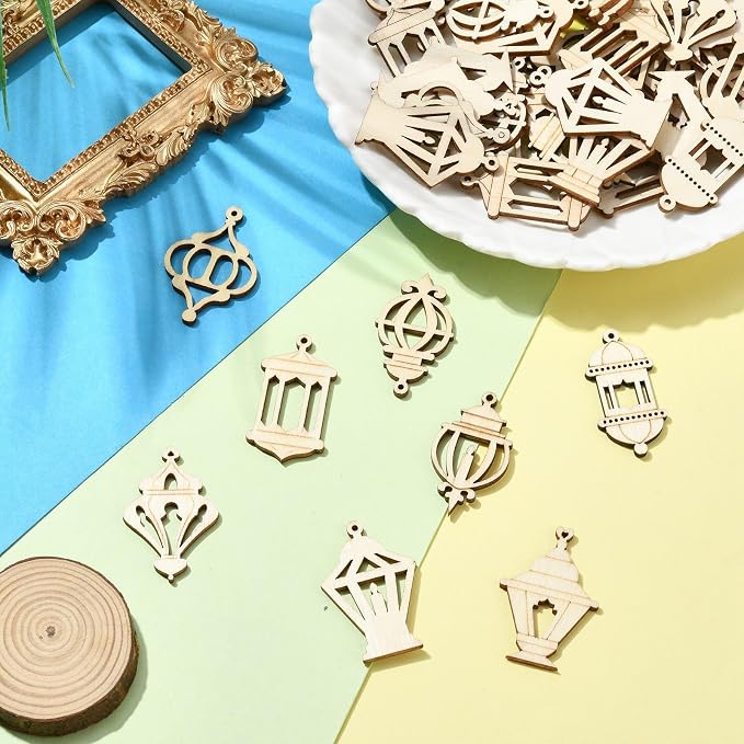 200 pcs Mixed Styles Hollow Lantern Theme Undyed Wood Cutout Charms Pyrography - Image 5