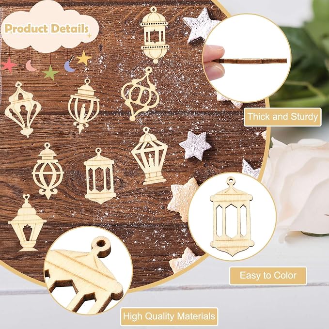 200 pcs Mixed Styles Hollow Lantern Theme Undyed Wood Cutout Charms Pyrography - Image 3