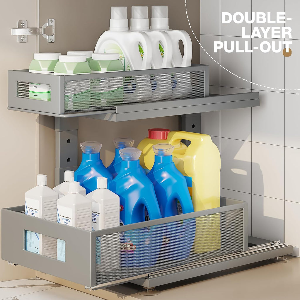 1 Pack 15.74IN-Depth Under Sink Organizer With Next-Gen Ball-Bearing Slides,2-Tier Pull Out Cabinet Storage,Height Adjustable Drawer Shelf for Bathroom,Kitchen,Laundry,Cabinet,Pantry-Gun Gray
