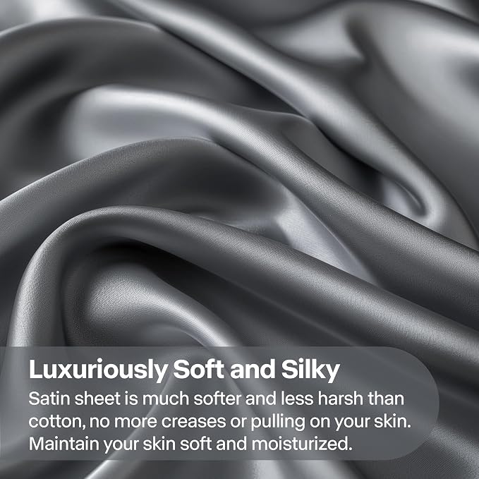 BEDELITE Satin Sheets Twin Size Bed Set, Luxury Soft Dark Grey Silky Sheets - Image 3