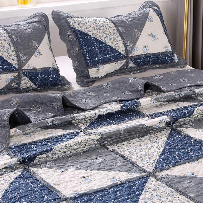 Full Queen Size Patchwork Quilt Set Grey Floral Reversible Quilted Bedspread - Image 4