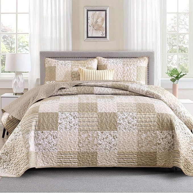Mybedsoul Beige Boho Quilt Set King Size, 3 Pieces Plaid Floral Bedspread Set by Mybedsoul