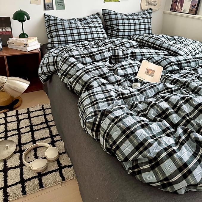 mixinni Vintage Grey & Pale Blue Buffalo Plaid Duvet Cover Set Queen Size - Image 9