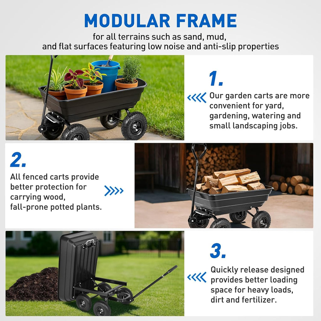 Yesker Garden Carts - 600lbs Dump Wagon with All Terrain Inflatable Wheels for Yard Lawn Farms Gardening - Heavy Duty Utility Outdoor Hauling Wheelbarrow