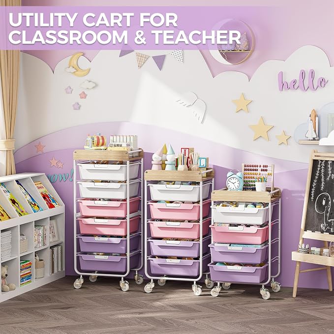 SYKIARIOL Utility Cart with 5 Labeling Drawers and Wooden Tabletop – Rolling - Image 6
