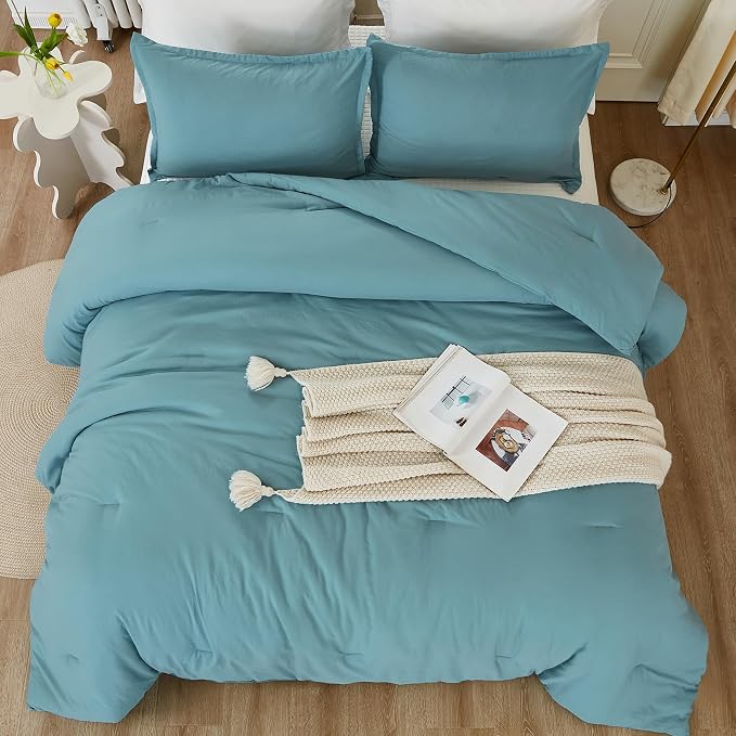 Litanika Grayish Teal Comforter Queen Size, 3 Pieces Lightweight Solid Bedding - Image 4