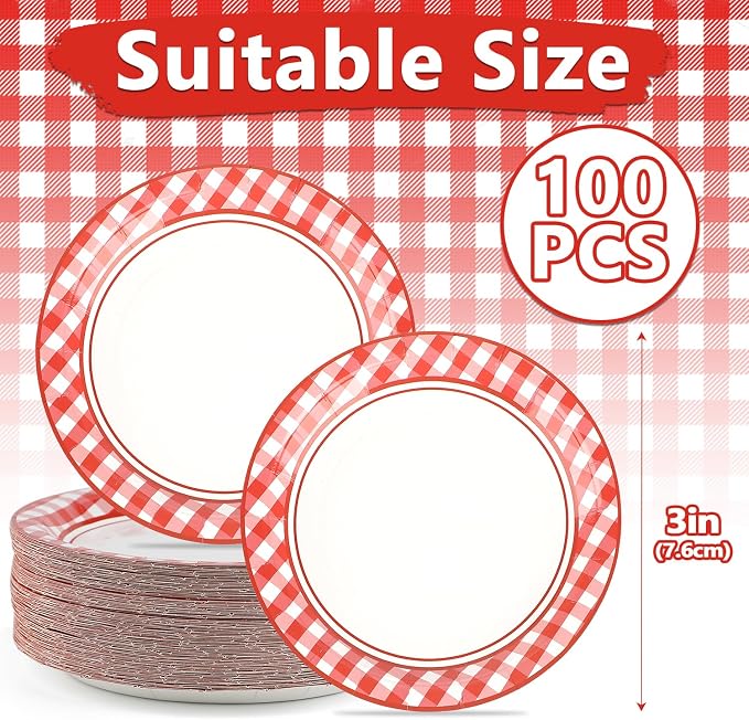 100 PCS Red and White Checkered Plates, Disposable 7 Inch Plaid Paper Dessert - Image 2