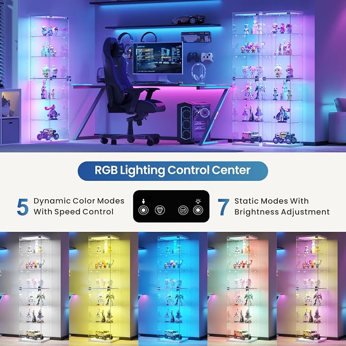 Dystler 6-Tier Glass Display Cabinet, RGB LED Lights & Lock | 66.9" Display Case - Image 3