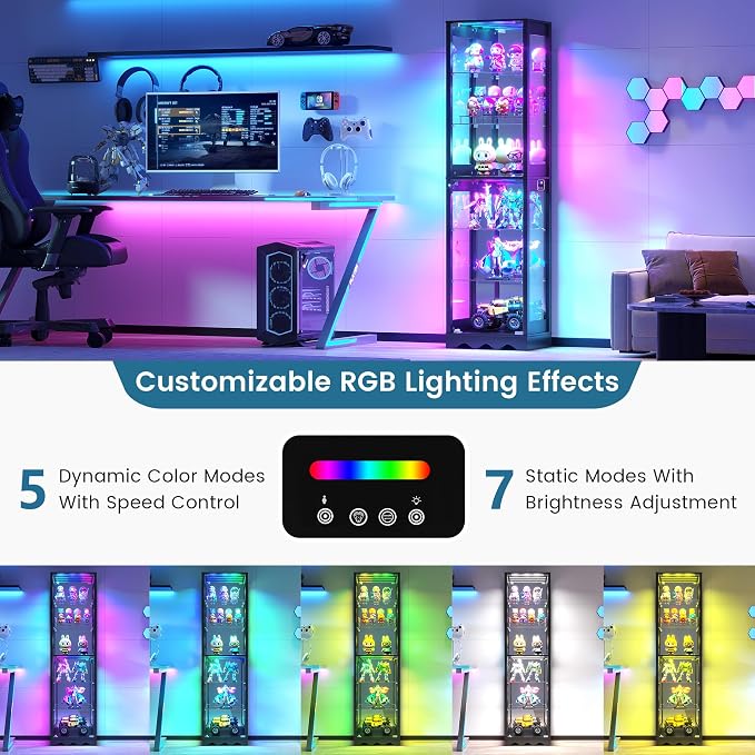 Dystler Display Cabinet with Glass Doors, 6 Tier RGB Lights Curio Cabinet | - Image 3