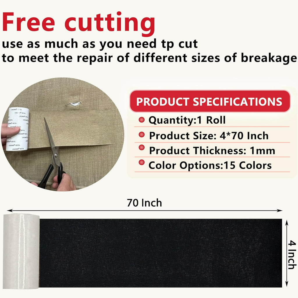 Linen Repair Tape 4x70 Inch Self-Adhesive Couch Patch Repair Fabric Patch for Furniture,Sofas,Cushion,Chairs,Bags,Linen Goods(Black)