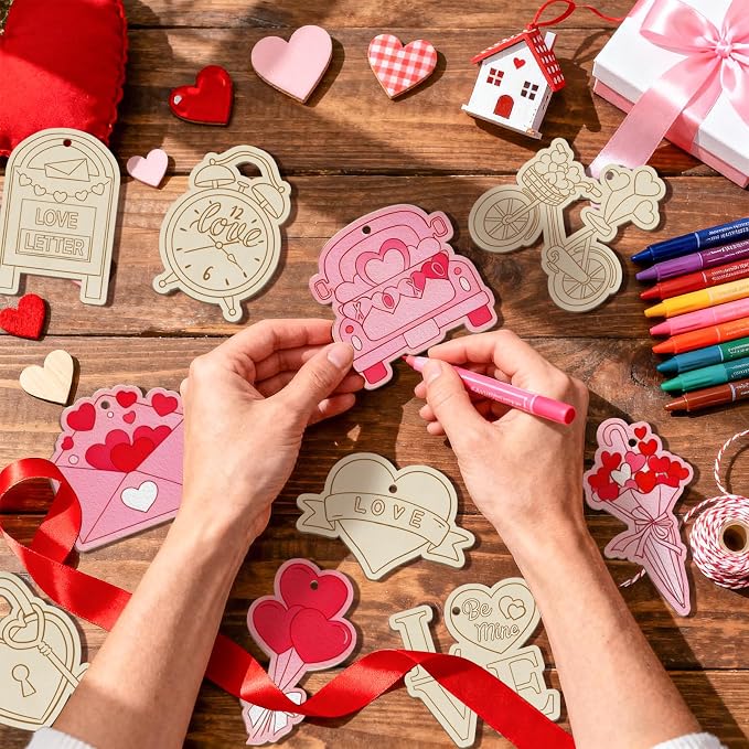 80PCS Wooden Heart Ornaments to Paint Valentine's Day Craft, 10 Styles DIY - Image 7
