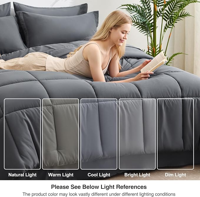 Love's cabin Queen Comforter Set Soot Grey, 7 Pieces Queen Bed in a Bag - Image 7