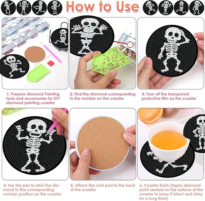 ijbnhd 8 PCS Skull Diamond Art Coasters 4X4inch | Skull Diamond Painting - Image 6