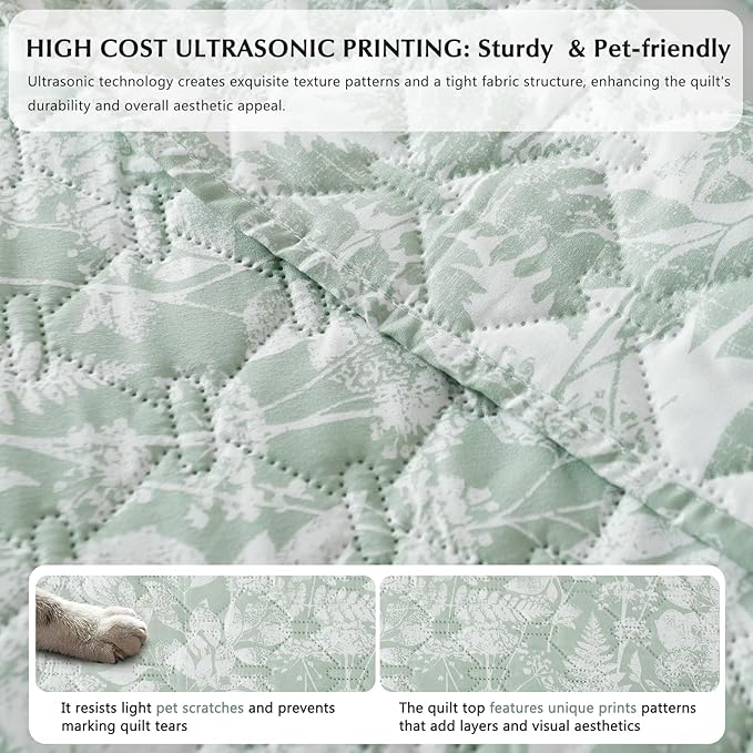 GOONE XL Queen Quilt Set 90x96 Inches, Sage Green Leaf Botanical Boho Bedspread - Image 7