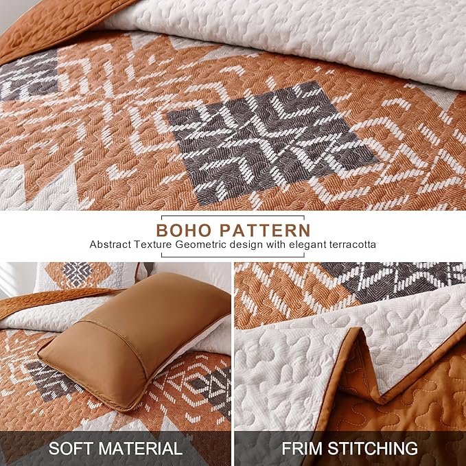 Dintszyayue Boho Queen Quilt Set 3 Pieces Aztec Texture Bedspread Coverlet Set - Image 3