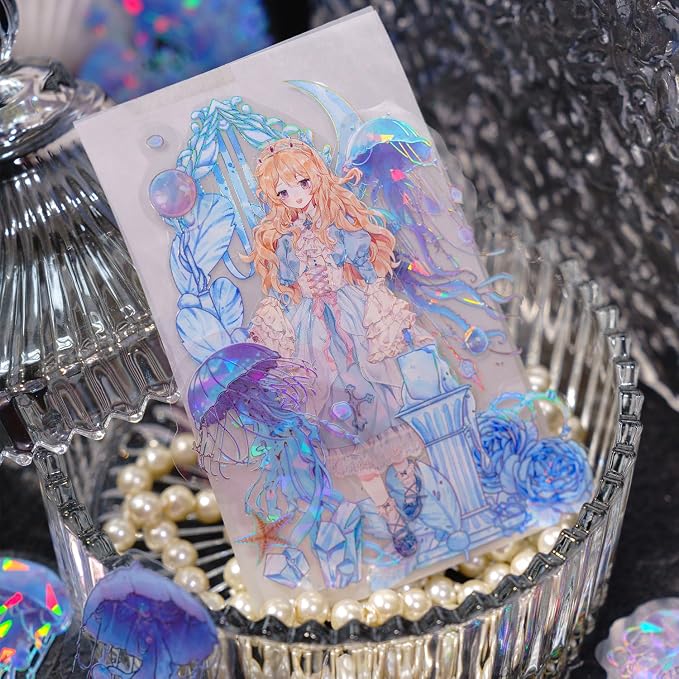 120 Pcs Holographic Glitter Jellyfish Ocean Life Stickers - Image 5