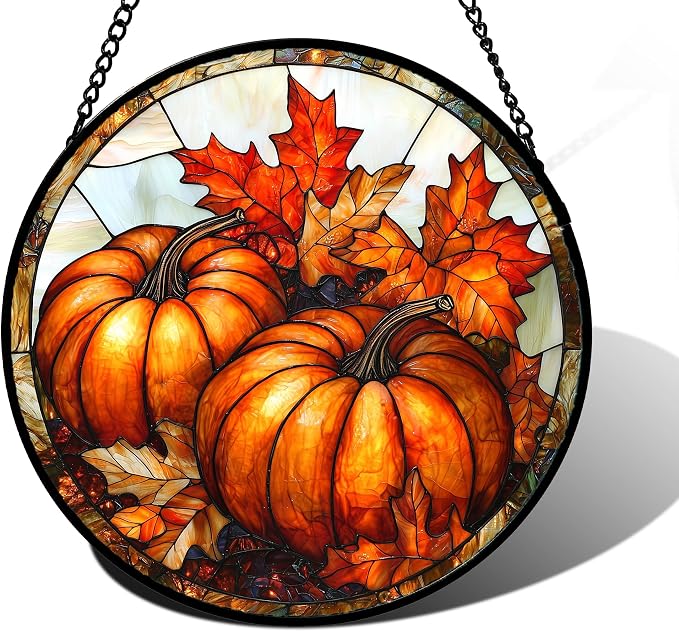 DASTOLL Stained Glass Window Hanging, Pumpkin Maple Leaf Suncatcher by DASTOLL