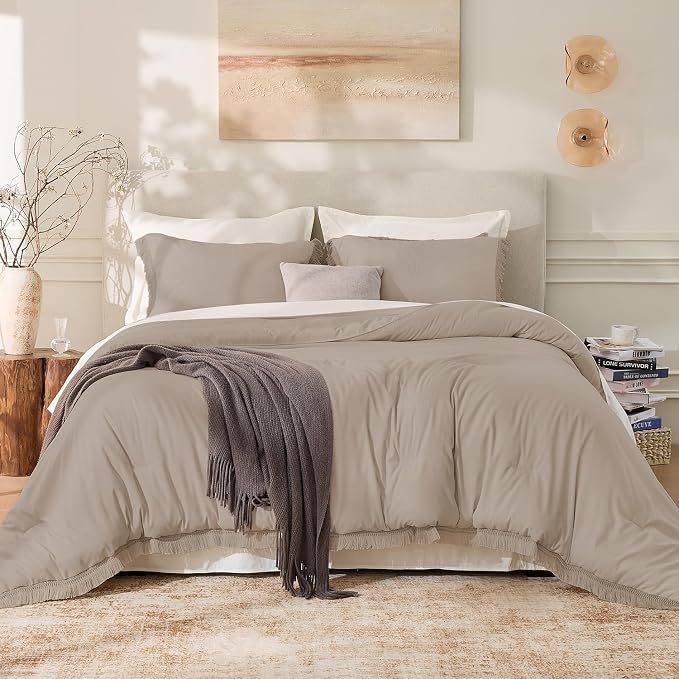Andency Queen Comforter Set Khaki, 3 Pieces Boho Fall Tassel Lightweight by Andency