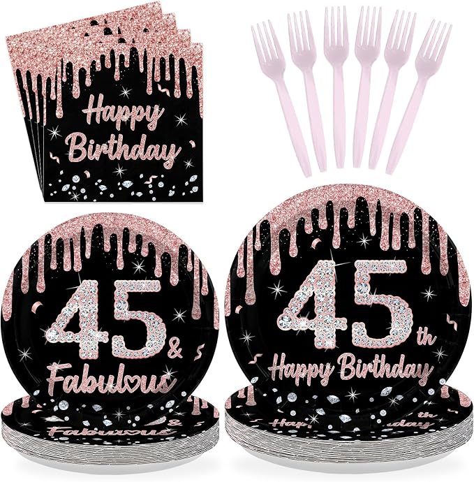 96 Pcs 45th Birthday Party Decorations Rose Gold and Black Happy 45th Birthday by Greencian