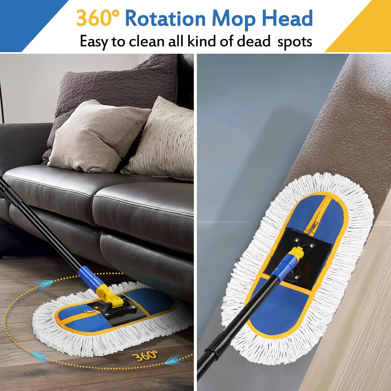 16 Inch Commercial Dust Mop for Floor Cleaning - Industrial Wet Dry Broom with 2 Washable Mops Pads for Hardwood Vinyl Laminate Floors Warehouse Courtyard Cleaning,Blue