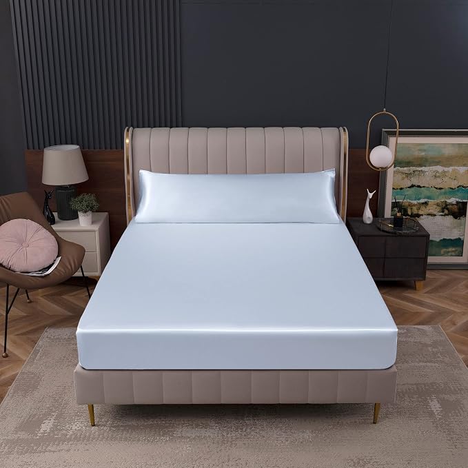 Homiest Baby Blue Satin Fitted Sheet Queen Size, Deep Pocket, Luxury & Ultra - Image 7