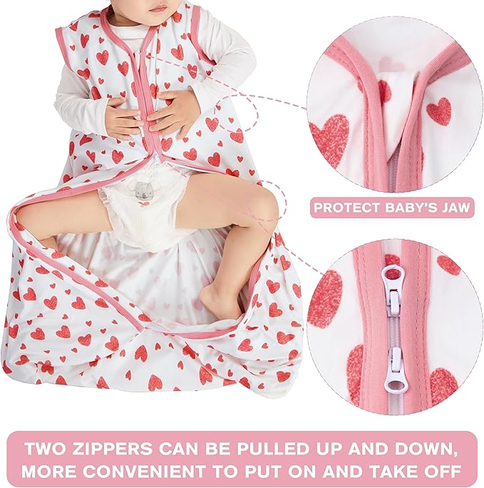 3 Pack Baby Sleep Sack 18-24 Months 100% Rayon Cotton Baby Sleeping Bag 2-Way Zipper Toddler Wearable Blankets Comfy Stretchy Lightweight TOG 0.3 （Heart&Pink&Floral）