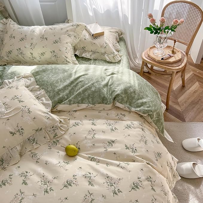 MKXI Botanical Floral Duvet Cover Twin Beige Girls Floral Ruffled Bedding Set by MKXI