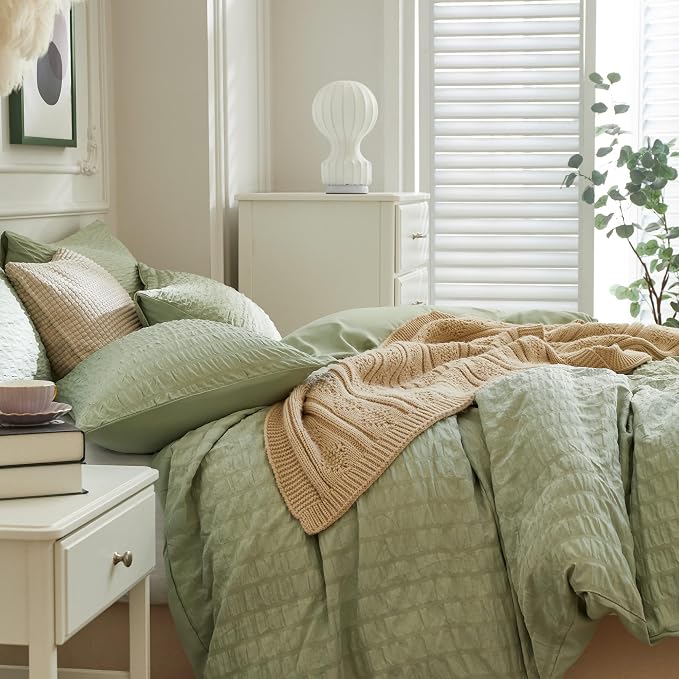 JELLYMONI Light Green Duvet Cover Full Size, Soft Breathable Seersucker Duvet - Image 7
