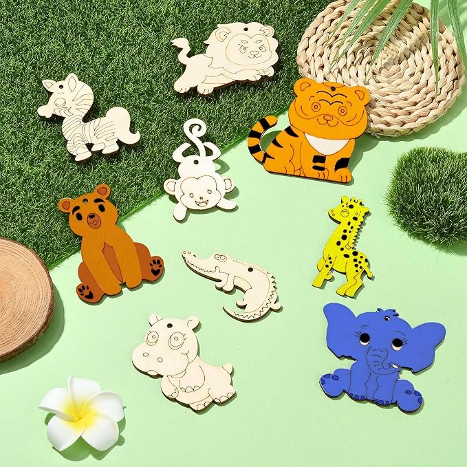 45 Pcs 9 Styles Unfinished Animal Wood Cutouts Cute Horse Lion Bear Wooden - Image 6