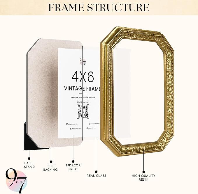 97 Decor Vintage Picture Frame 4x6, Glass Front | small ornate frame, tabletop - Image 3