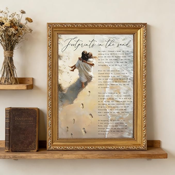 Vintage Gold Framed Jesus Wall Art Footprints in the Sand Christian Canvas - Image 4
