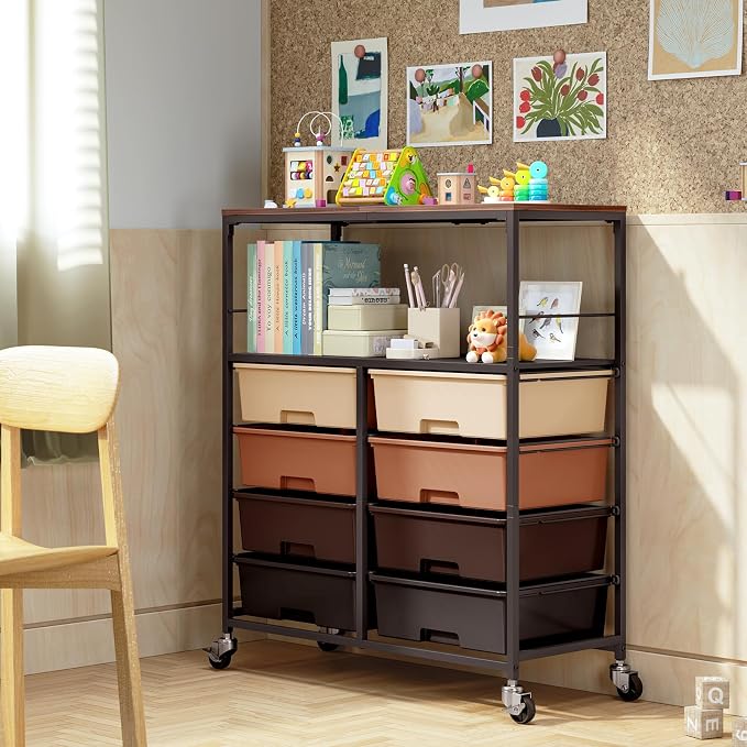 Rolling Cart with 8 Drawers, Storage Drawer Cart with Wooden Tabletop, Lockable - Image 7