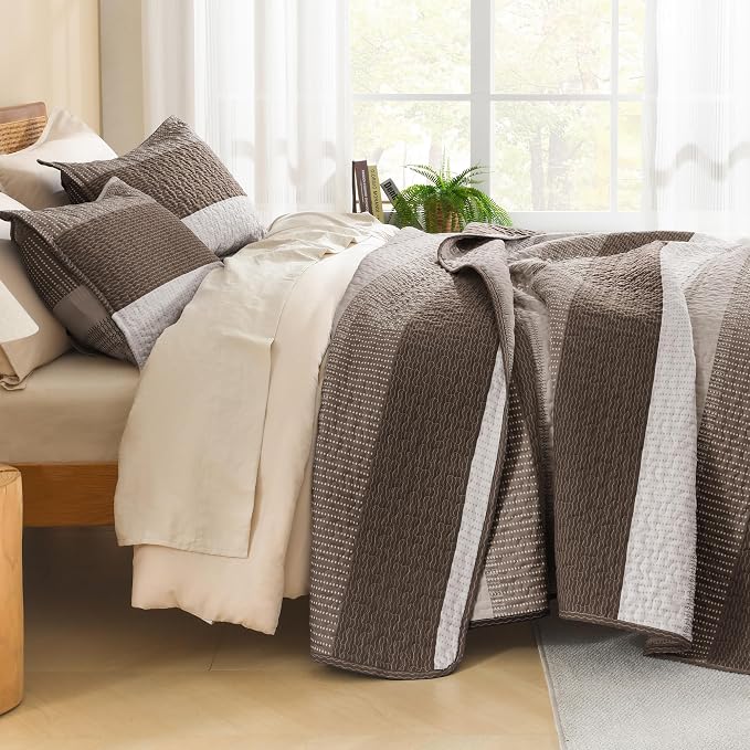 Litanika Quilt King Size Brown, Stripe Patchwork Summer Bedspread Coverlet 3 - Image 2