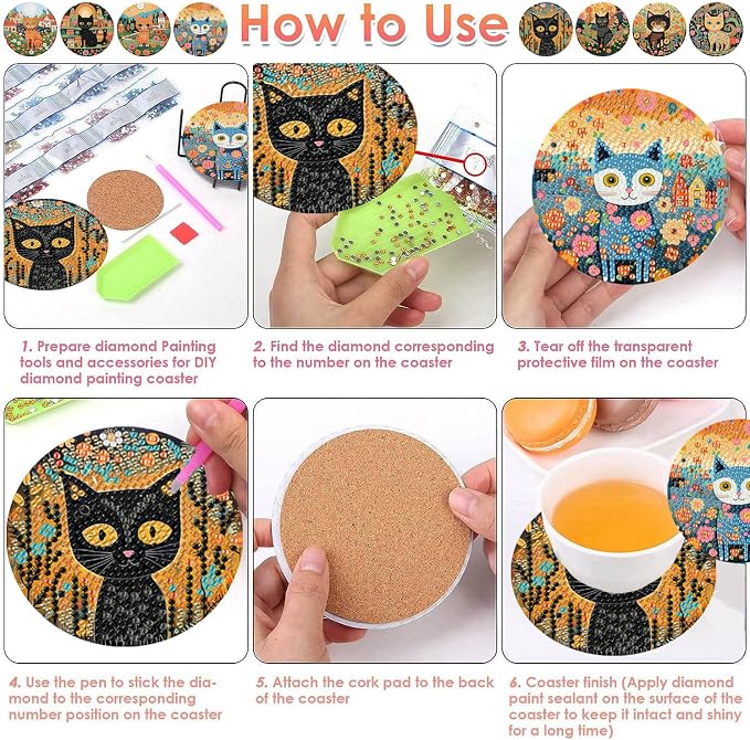 ijbnhd 8 PCS Diamond Art Coasters Kit Cat Diamond Painting Coasters | Cat - Image 6