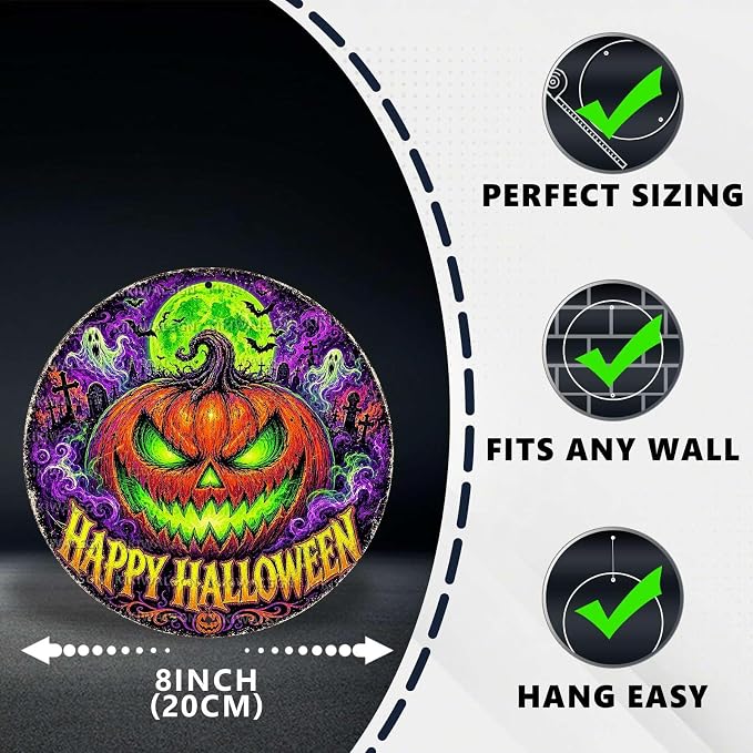 Neon Pumpkin Halloween Metal Tin Sign Round Wall Decor Glowing Jack O Lantern - Image 2
