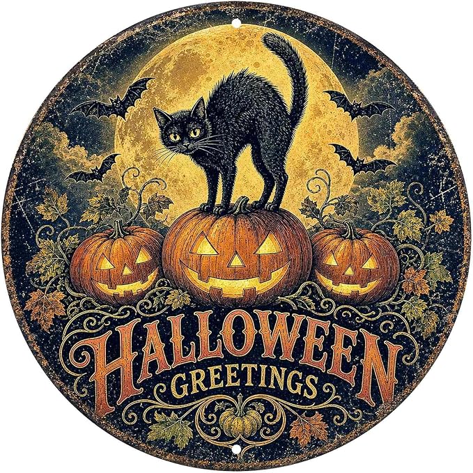 Vintage Black Cat Halloween Metal Tin Sign Round Wall Decor Jack O Lantern by Unknown