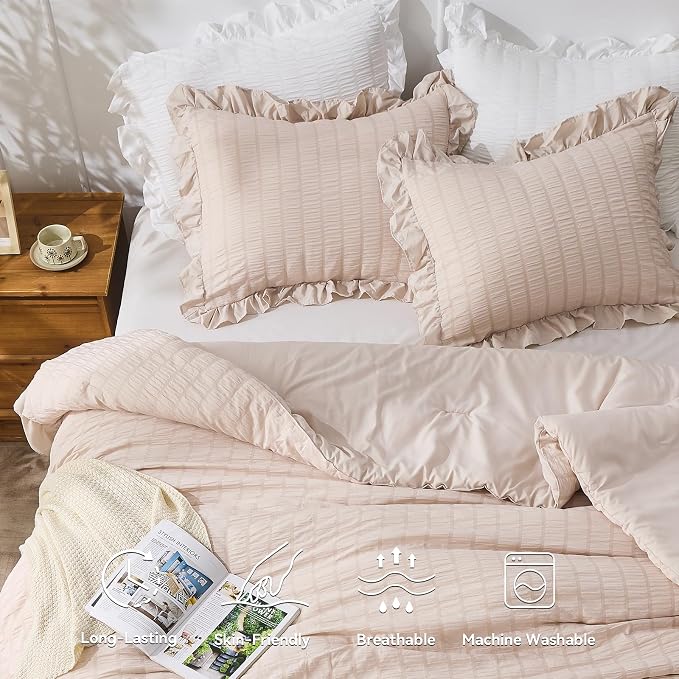 JOLLYVOGUE Beige Comforter Full Size, 3 Pieces Seersucker Lightweight Full Size - Image 2