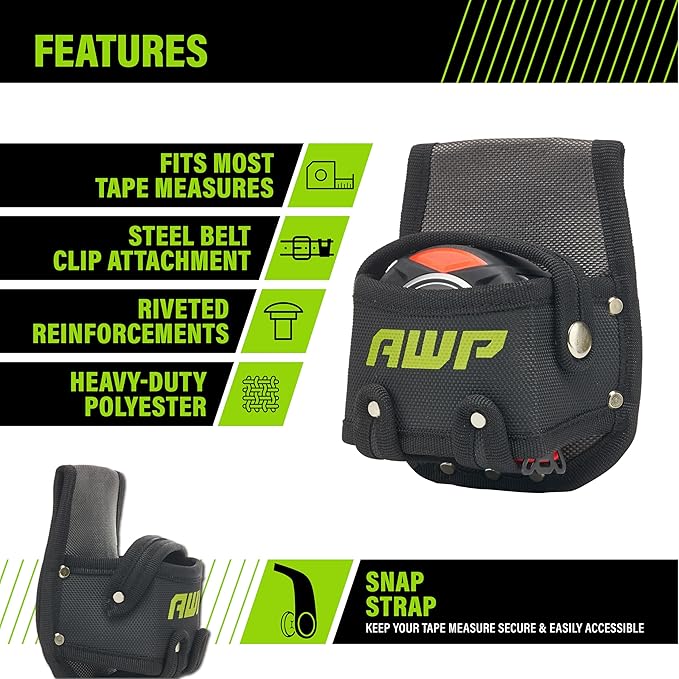 AWP Tape Measure Pouch with Metal Belt Clip and Tunnel Loop, Tool Belt Accessory - Image 2